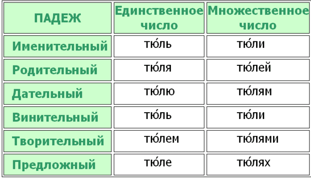 Склонение слова тюль по падежам