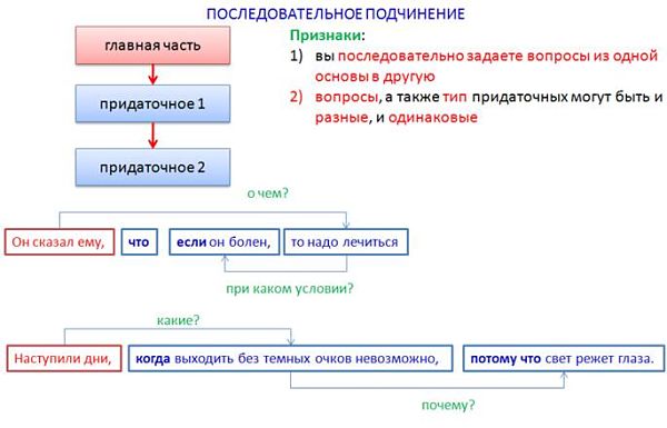 Примеры предложений с последовательным подчинением